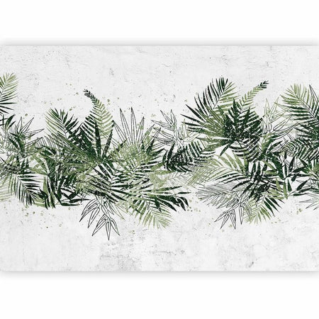 Carta da parati - Jungle and green plume - large tropical leaves on a white background