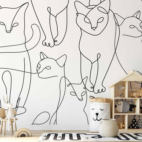 Carta da parati - Cat lineart - minimalist sketches of black cats on white background