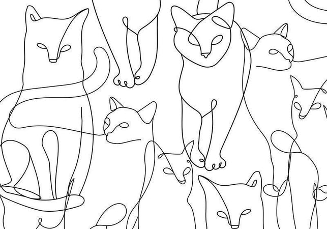 Carta da parati - Cat lineart - minimalist sketches of black cats on white background