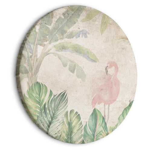 Quadro rotondo - Birds wading among exotic flora - Flamingos amidst lush tropical vegetation in soft pastel shades of gr