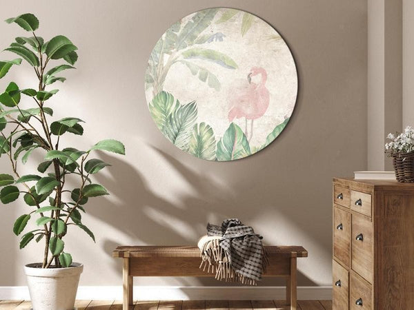 Quadro rotondo - Birds wading among exotic flora - Flamingos amidst lush tropical vegetation in soft pastel shades of gr