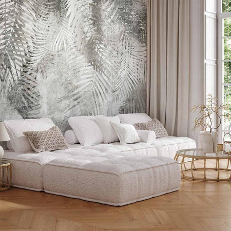 Carta da parati - Light and shadow - grey and white composition with floral motif and pattern