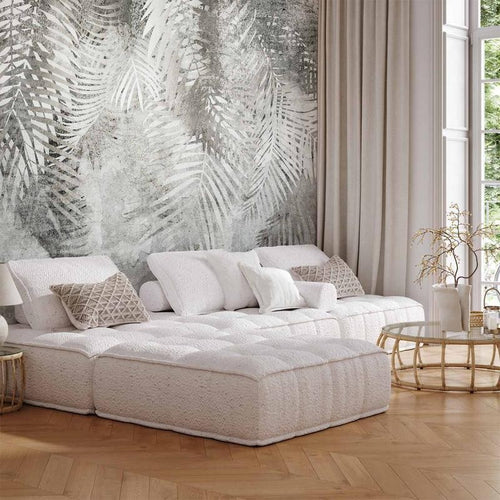 Carta da parati - Light and shadow - grey and white composition with floral motif and pattern