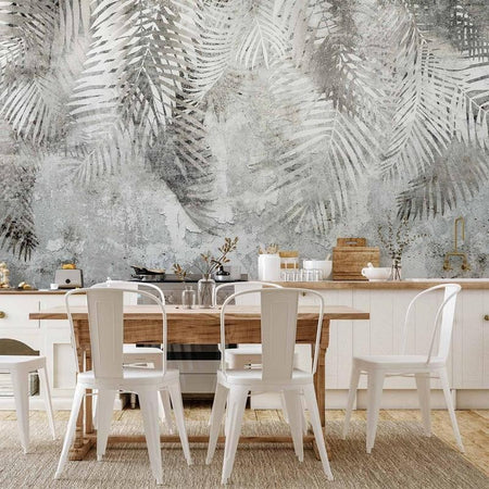 Carta da parati - Light and shadow - grey and white composition with floral motif and pattern