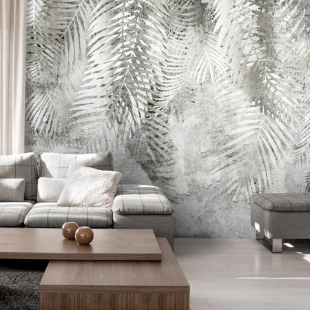 Carta da parati - Light and shadow - grey and white composition with floral motif and pattern
