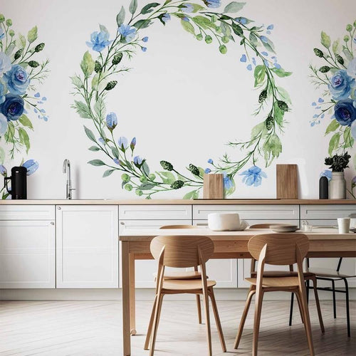 Carta da parati - Romantic wreath - plant motif with blue flowers and leaves