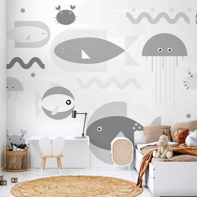 Carta da parati - Minimalist grey ocean - geometric fish in water for children