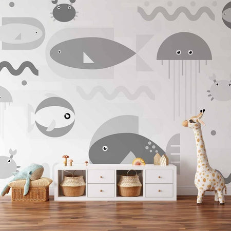 Carta da parati - Minimalist grey ocean - geometric fish in water for children