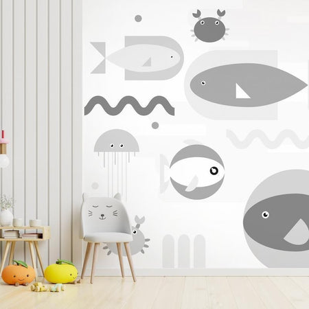Carta da parati - Minimalist grey ocean - geometric fish in water for children