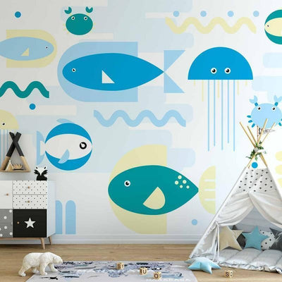 Carta da parati - Animals in the sea - geometric blue fish in water for kids