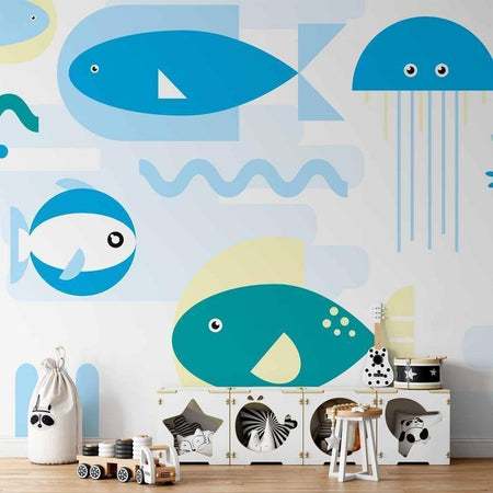 Carta da parati - Animals in the sea - geometric blue fish in water for kids