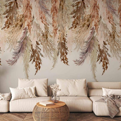 Carta da parati - Minimalist boho landscape - dangling leaves in beige colours