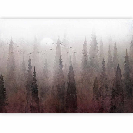 Carta da parati - Birds flight over treetops - landscape of a dark forest in fog