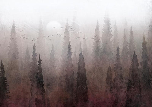 Carta da parati - Birds flight over treetops - landscape of a dark forest in fog