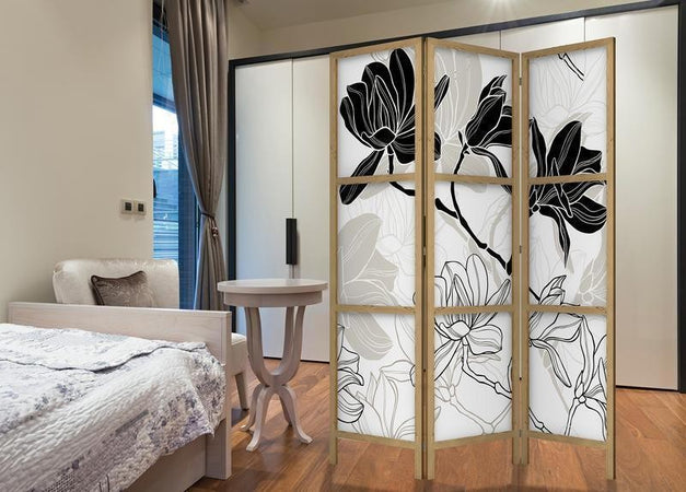 Paravento giapponese Fiori bianchi e neri 3 ante
