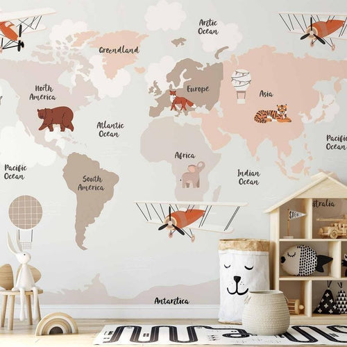 Carta da parati - Map in Shades of Beige - Continents With Animals