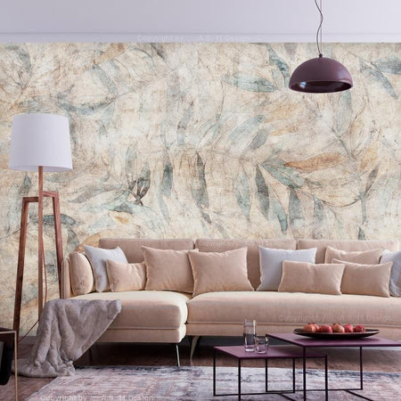 Carta da parati - Greek laurels - faded composition with leaves on a beige patterned background
