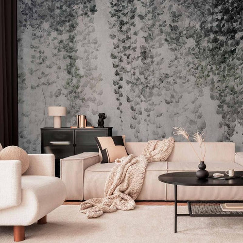 Carta da parati - Peaceful oasis - landscape of hanging black leaf vines on a grey background