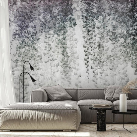 Carta da parati - Peaceful oasis - landscape of hanging black leaf vines on a grey background