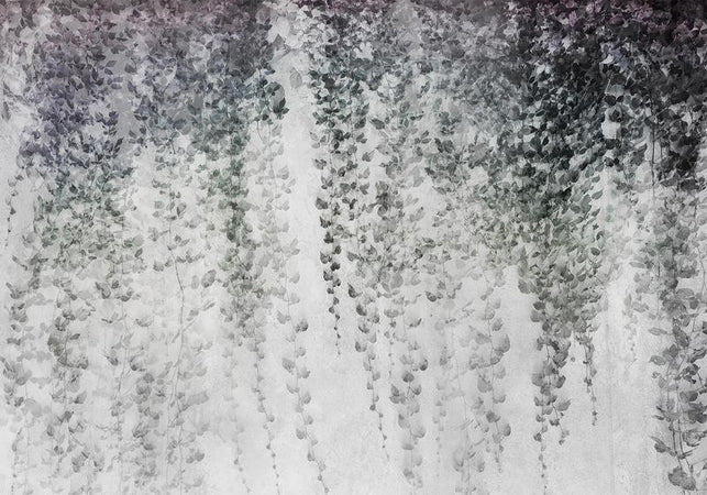 Carta da parati - Peaceful oasis - landscape of hanging black leaf vines on a grey background