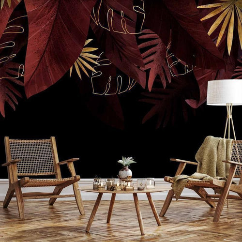 Carta da parati - Jungle and composition - red and gold leaf motif on black background