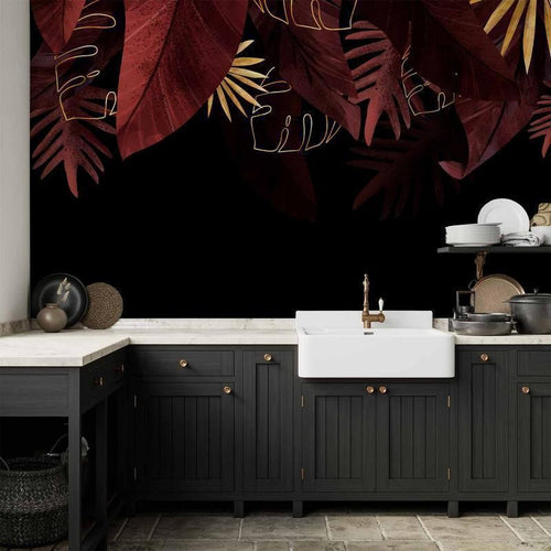 Carta da parati - Jungle and composition - red and gold leaf motif on black background
