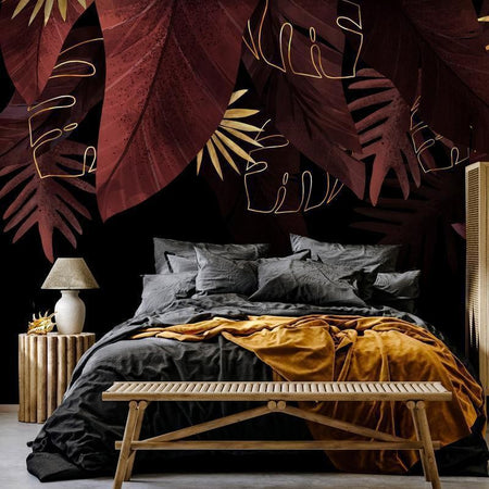 Carta da parati - Jungle and composition - red and gold leaf motif on black background