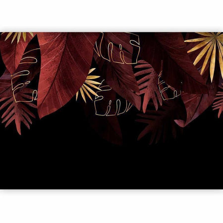 Carta da parati - Jungle and composition - red and gold leaf motif on black background