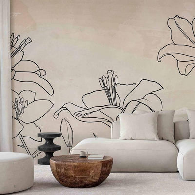 Carta da parati - Sketch of nature - minimalist lineart with lily flowers on a beige background