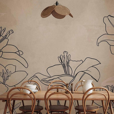 Carta da parati - Sketch of nature - minimalist lineart with lily flowers on a beige background