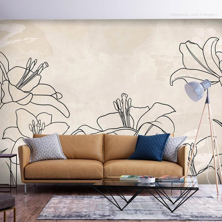 Carta da parati - Sketch of nature - minimalist lineart with lily flowers on a beige background