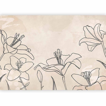 Carta da parati - Sketch of nature - minimalist lineart with lily flowers on a beige background