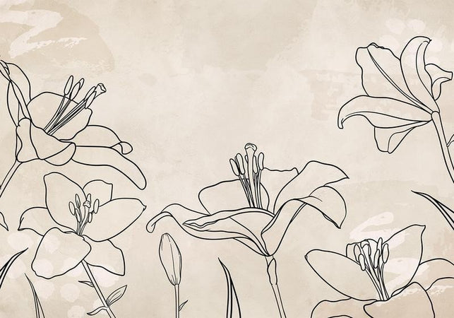 Carta da parati - Sketch of nature - minimalist lineart with lily flowers on a beige background