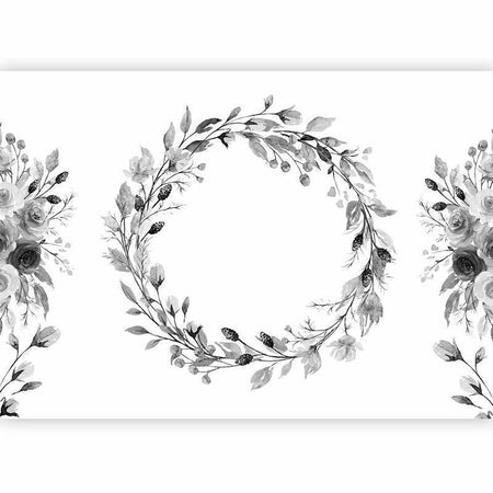 Carta da parati - Romantic wreath - grey plant motif with leaves with rose pattern