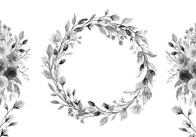 Carta da parati - Romantic wreath - grey plant motif with leaves with rose pattern