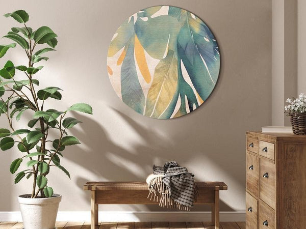 Quadro rotondo - Watercolor exotics - Hanging delicate tropical plants in colors of green and yellow on a beige backgrou