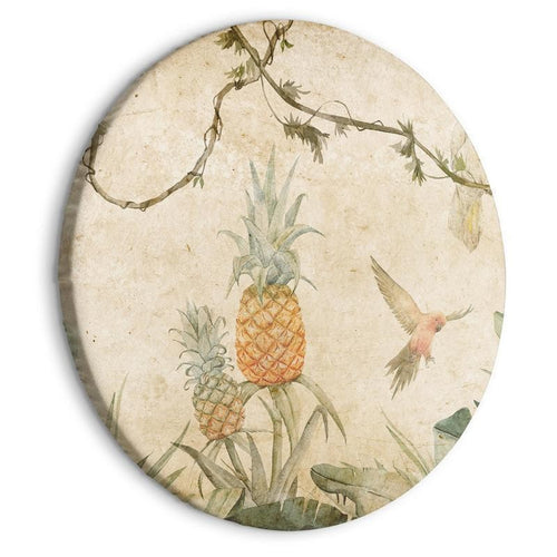 Quadro rotondo - Tropics in muted colors - Parrots and pineapples amidst lush exotic flora in soft shades of green/Parro