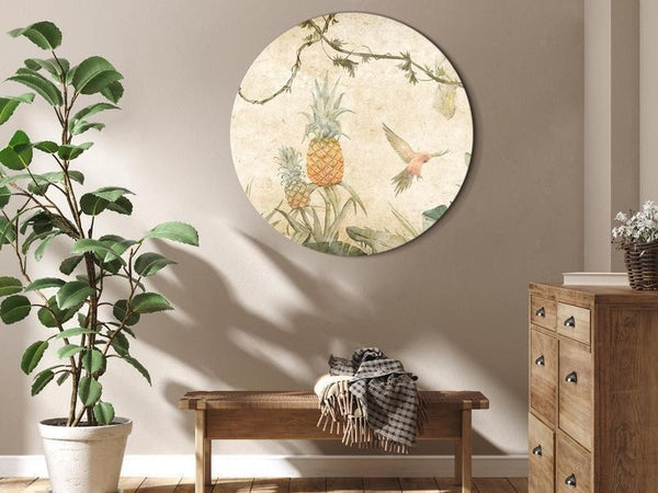 Quadro rotondo - Tropics in muted colors - Parrots and pineapples amidst lush exotic flora in soft shades of green/Parro