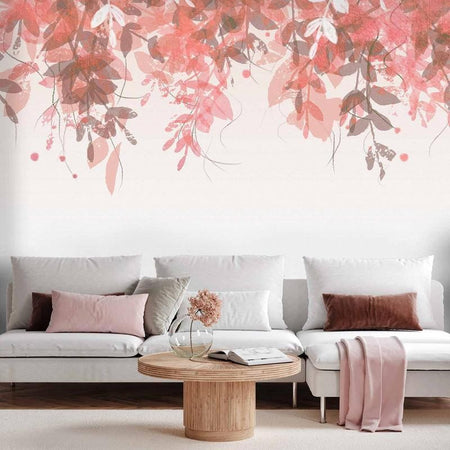 Carta da parati - Under vegetation - hanging vines of pink leaves on a neutral background