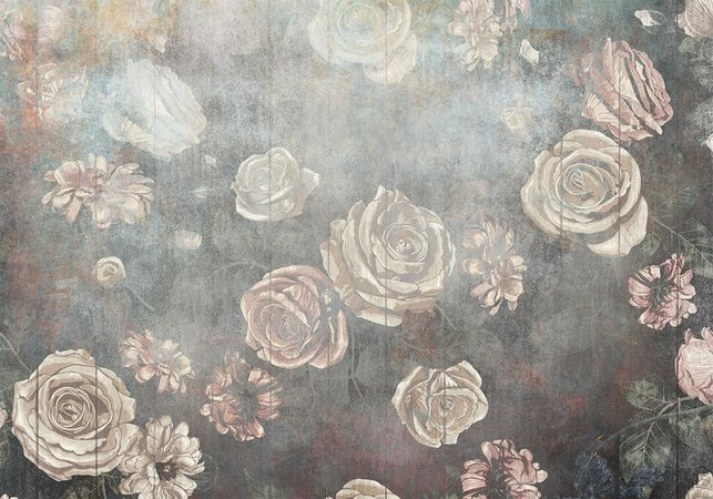 Carta da parati - Misty nature - muted rose flowers on a background in grey tones