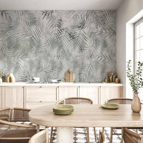 Carta da parati - Minimalist landscape - nature motif with grey exotic leaves