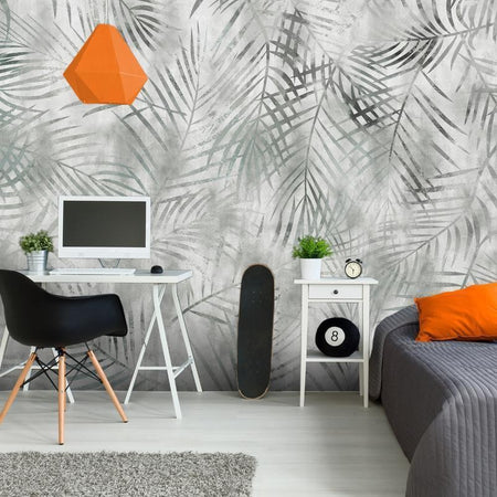 Carta da parati - Minimalist landscape - nature motif with grey exotic leaves
