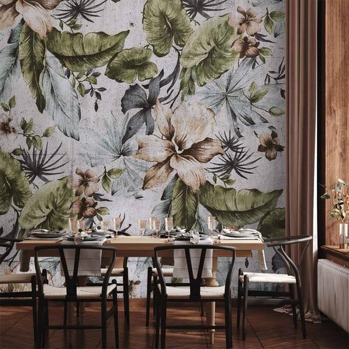 Carta da parati - Nature in retro style - jungle landscape with pale leaves and flowers
