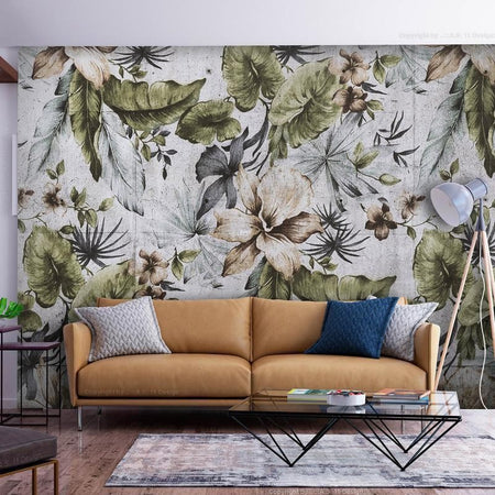 Carta da parati - Nature in retro style - jungle landscape with pale leaves and flowers