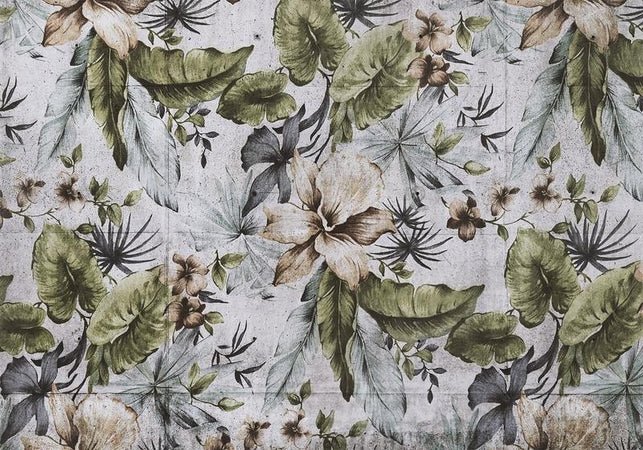 Carta da parati - Nature in retro style - jungle landscape with pale leaves and flowers