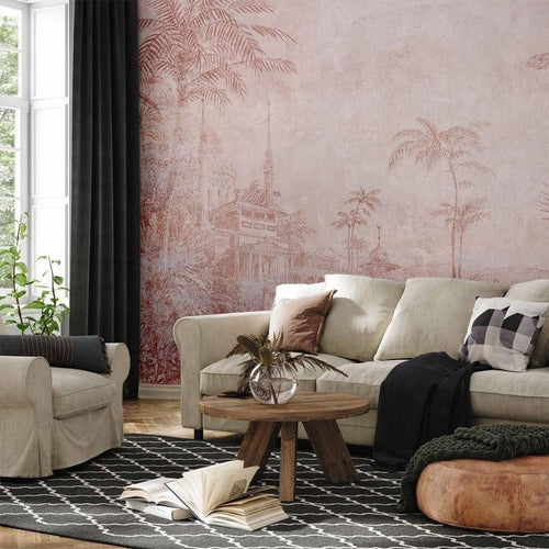 Carta da parati - Landscape with temple - engraving of Indian architecture with palm trees