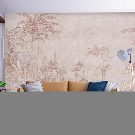 Carta da parati - Landscape with temple - engraving of Indian architecture with palm trees
