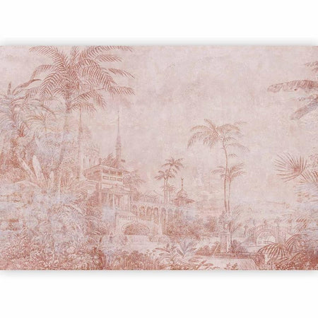 Carta da parati - Landscape with temple - engraving of Indian architecture with palm trees