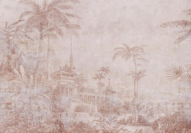 Carta da parati - Landscape with temple - engraving of Indian architecture with palm trees
