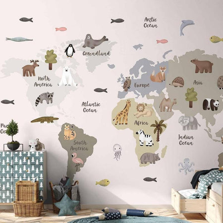 Carta da parati - Pastel Map - Animals and Continents for Childrens Room